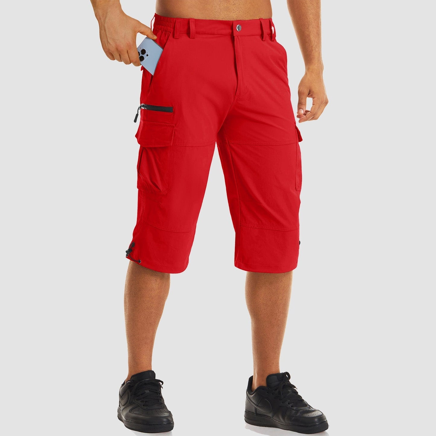 Men's khaki ripstop capri hiking shorts, quick-dry stretch fabric, 15-16 inch inseam knee length