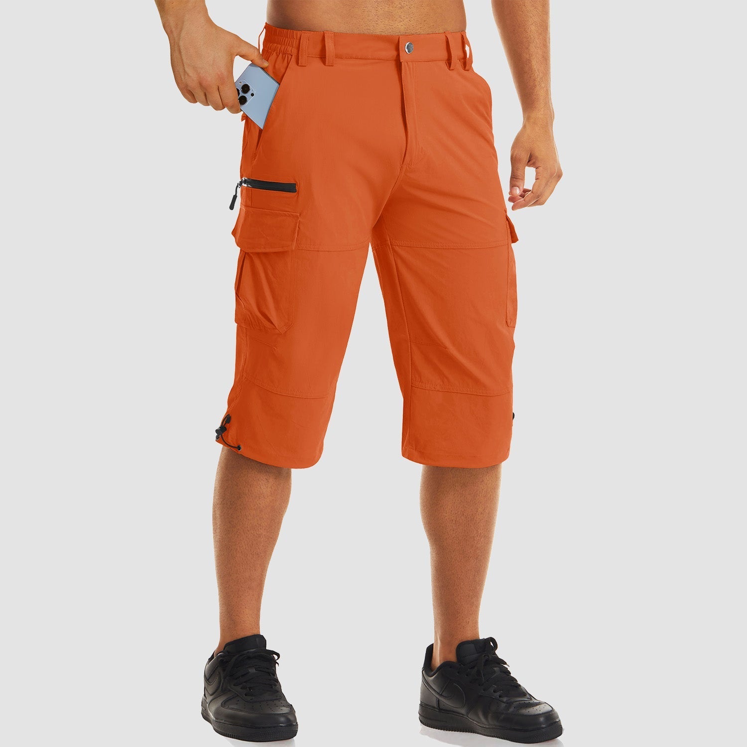 Men's khaki ripstop capri hiking shorts, quick-dry stretch fabric, 15-16 inch inseam knee length