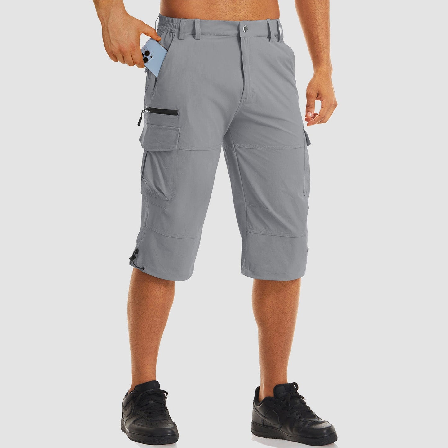 Men's khaki ripstop capri hiking shorts quick-dry stretch inseam 15-16 inches knee-length outdoor fit