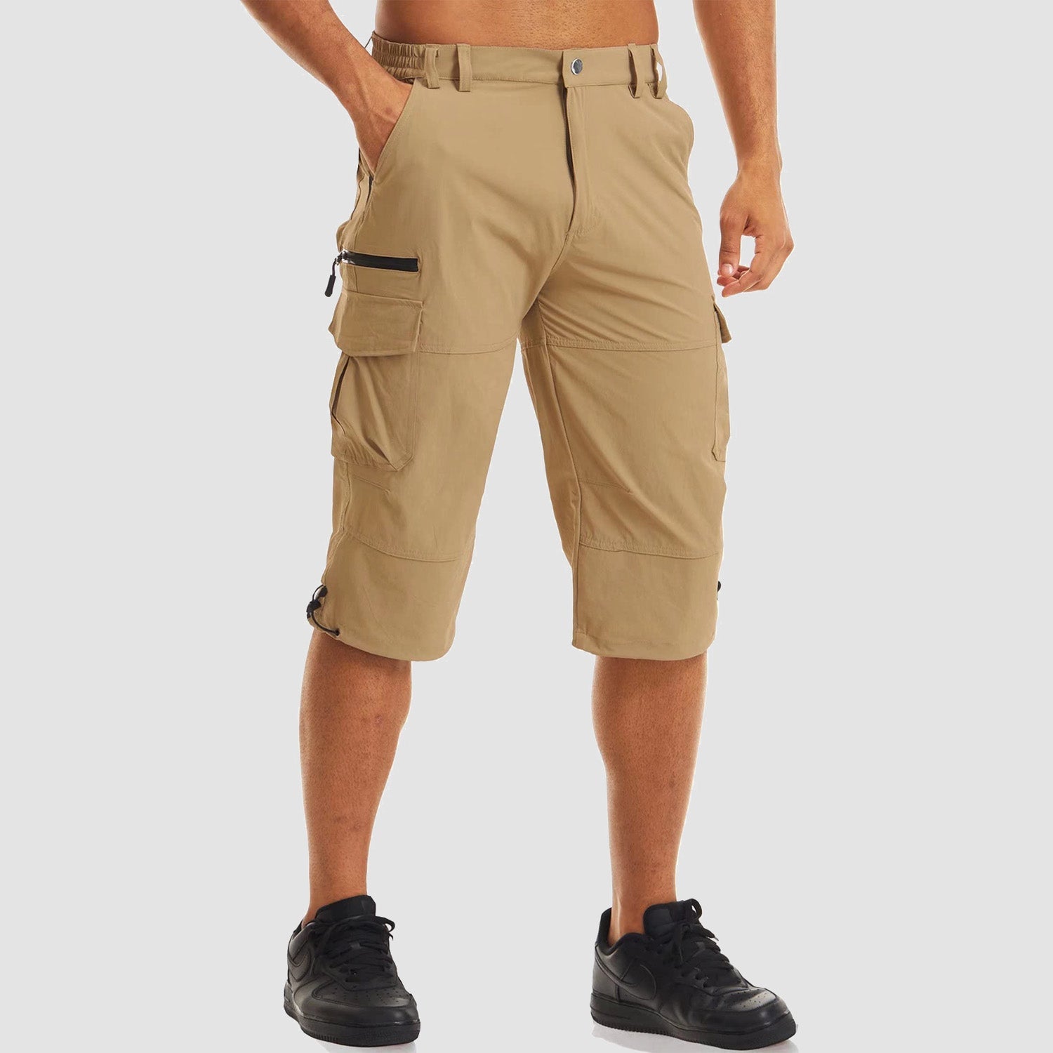 Men's olive ripstop capri hiking shorts quick-dry stretch inseam 15-16 inches knee-length outdoor