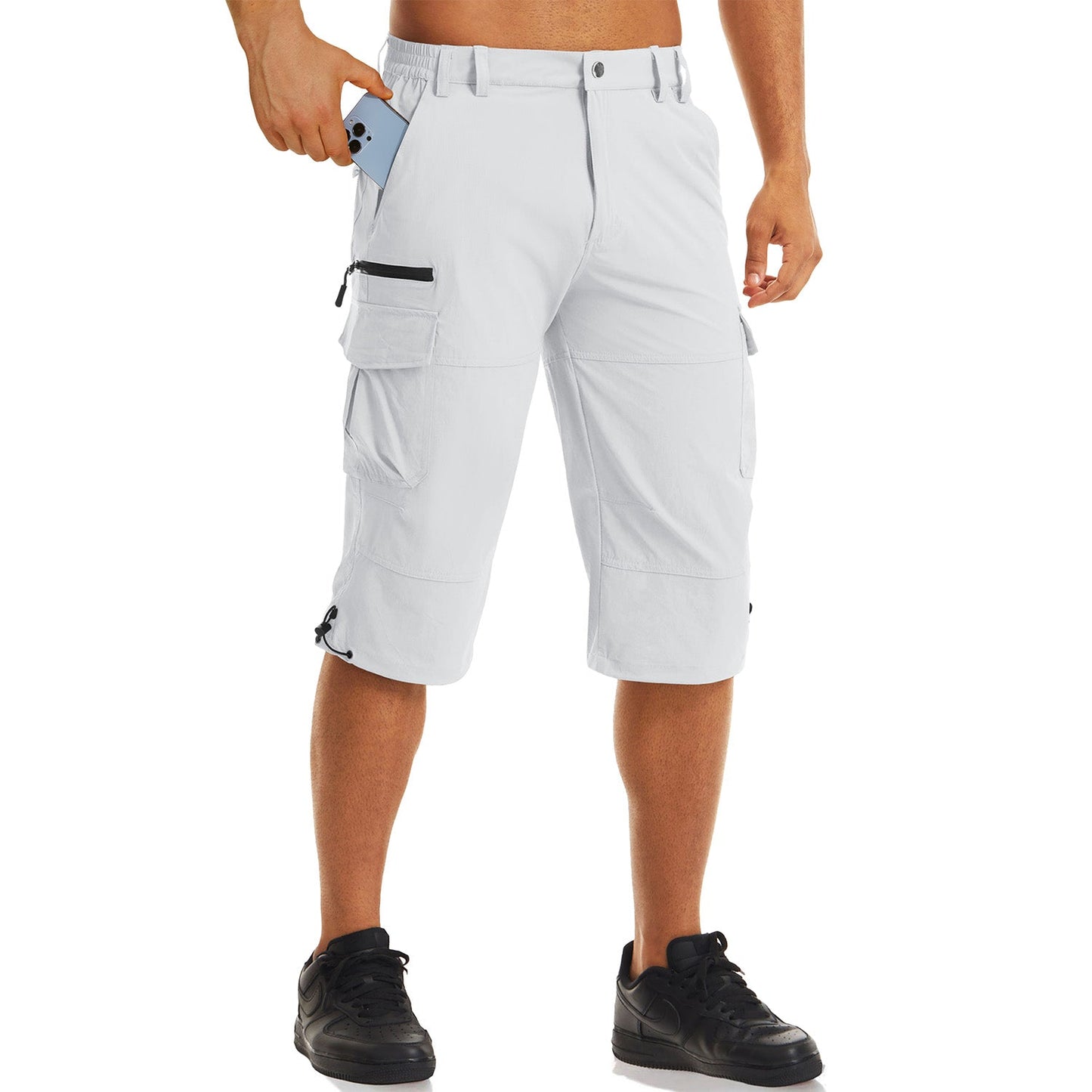 Men's khaki ripstop capri hiking shorts, quick-dry stretch fabric, 15-16 inch inseam knee length