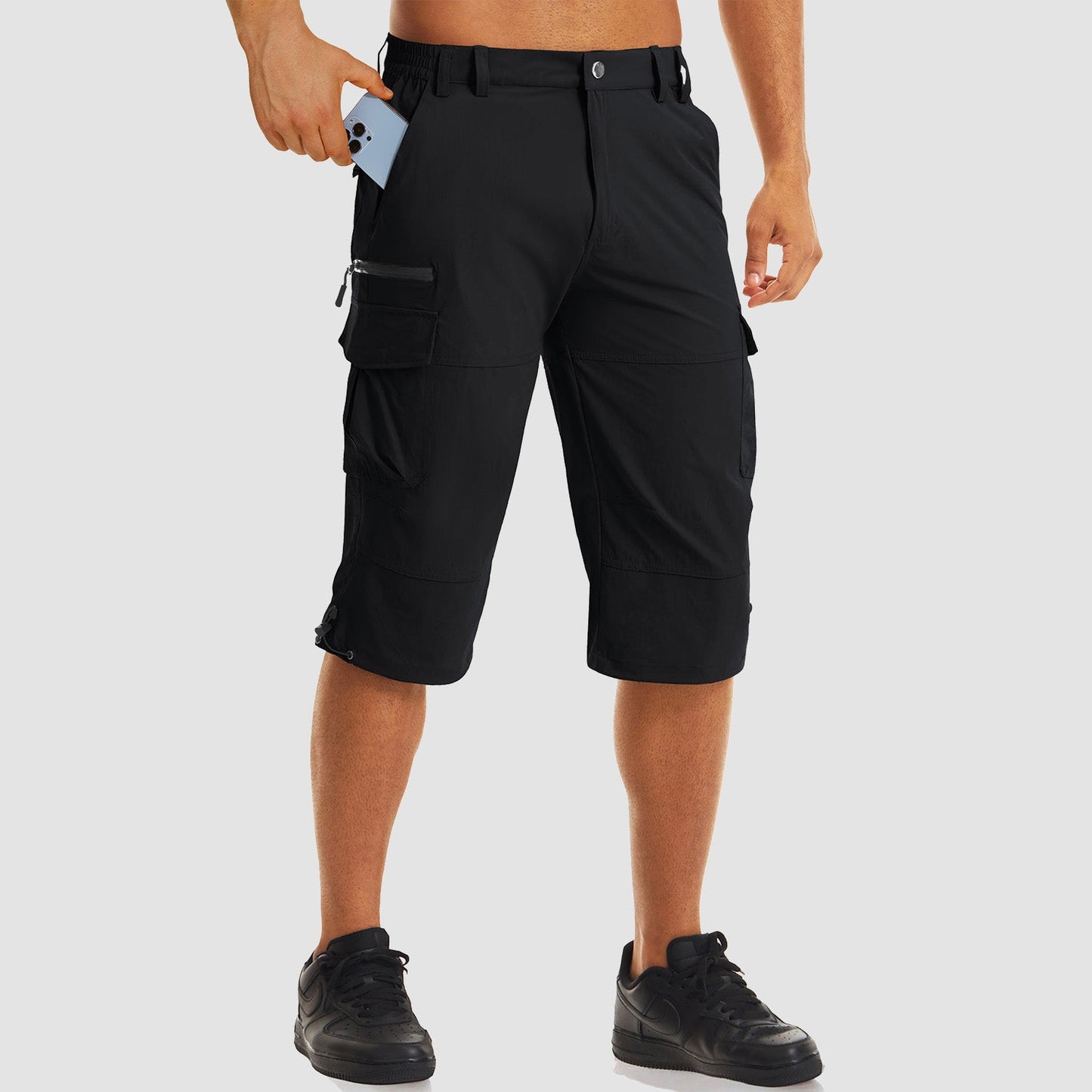 Men's khaki ripstop capri hiking shorts, quick-dry stretch fabric, 15-16 inch inseam knee length