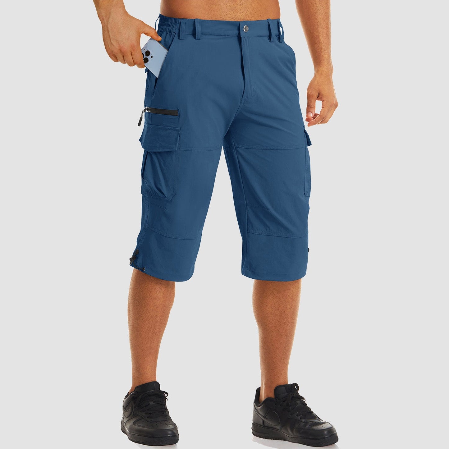 Men's khaki ripstop capri hiking shorts, quick-dry stretch fabric, 15-16 inch inseam knee length