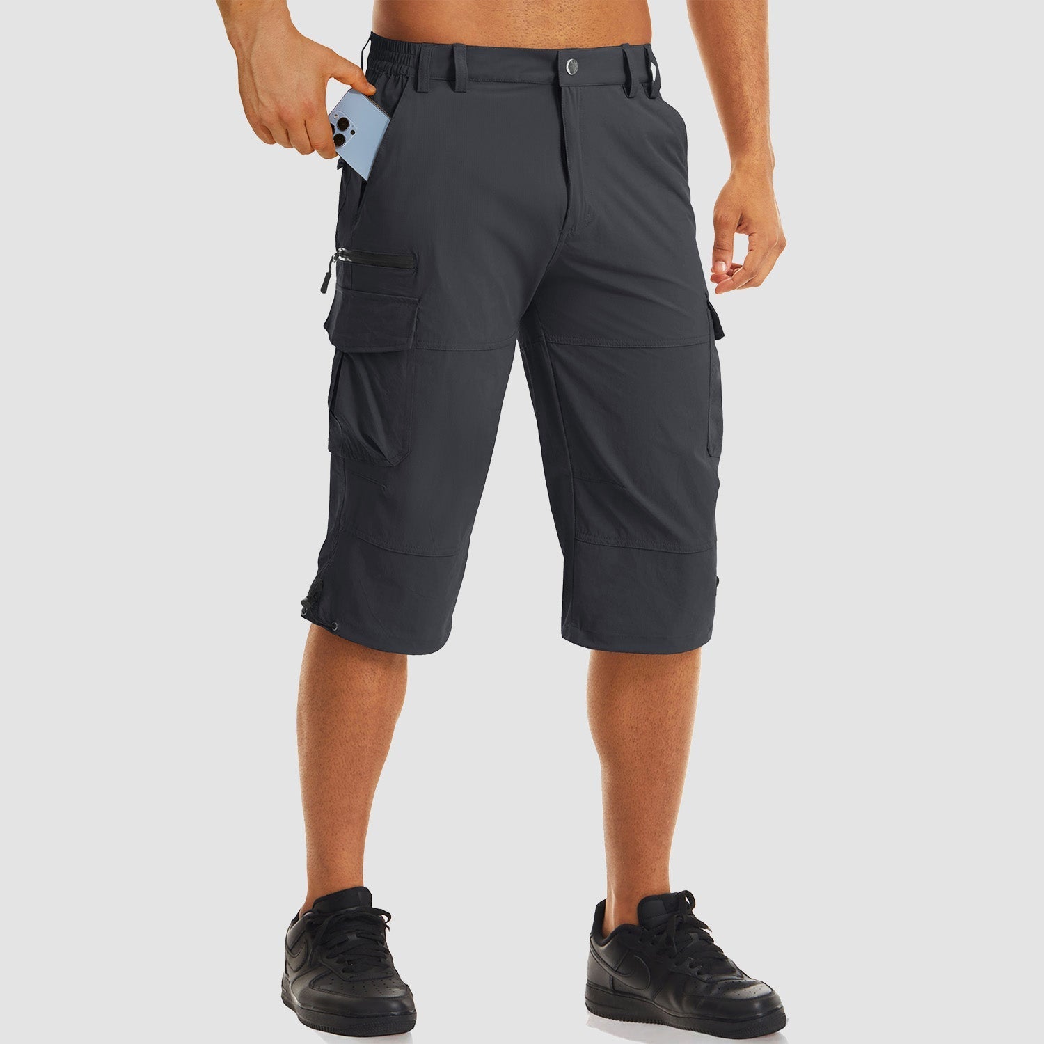 Men's khaki ripstop capri hiking shorts, quick-dry stretch fabric, 15-16 inch inseam knee length