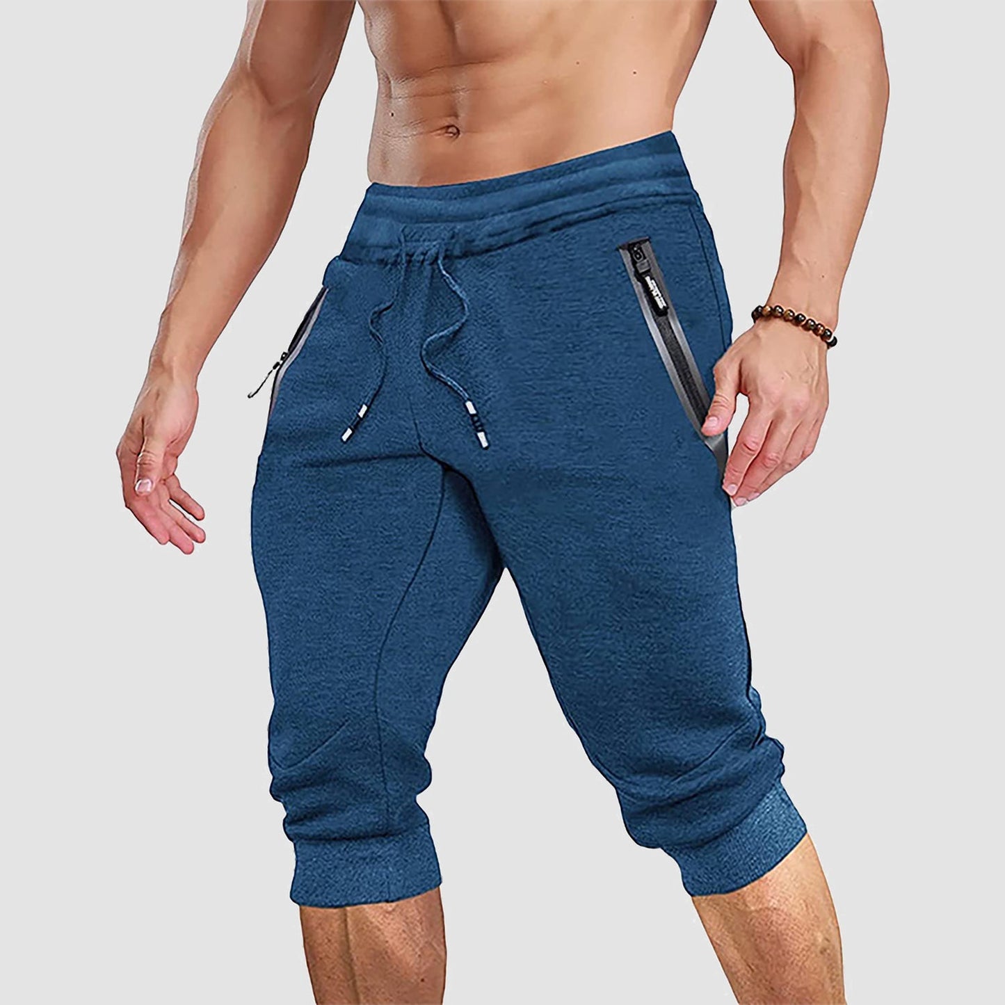 Men's 3/4 capri joggers with pockets, breathable cotton-spandex blend for active summer wear
