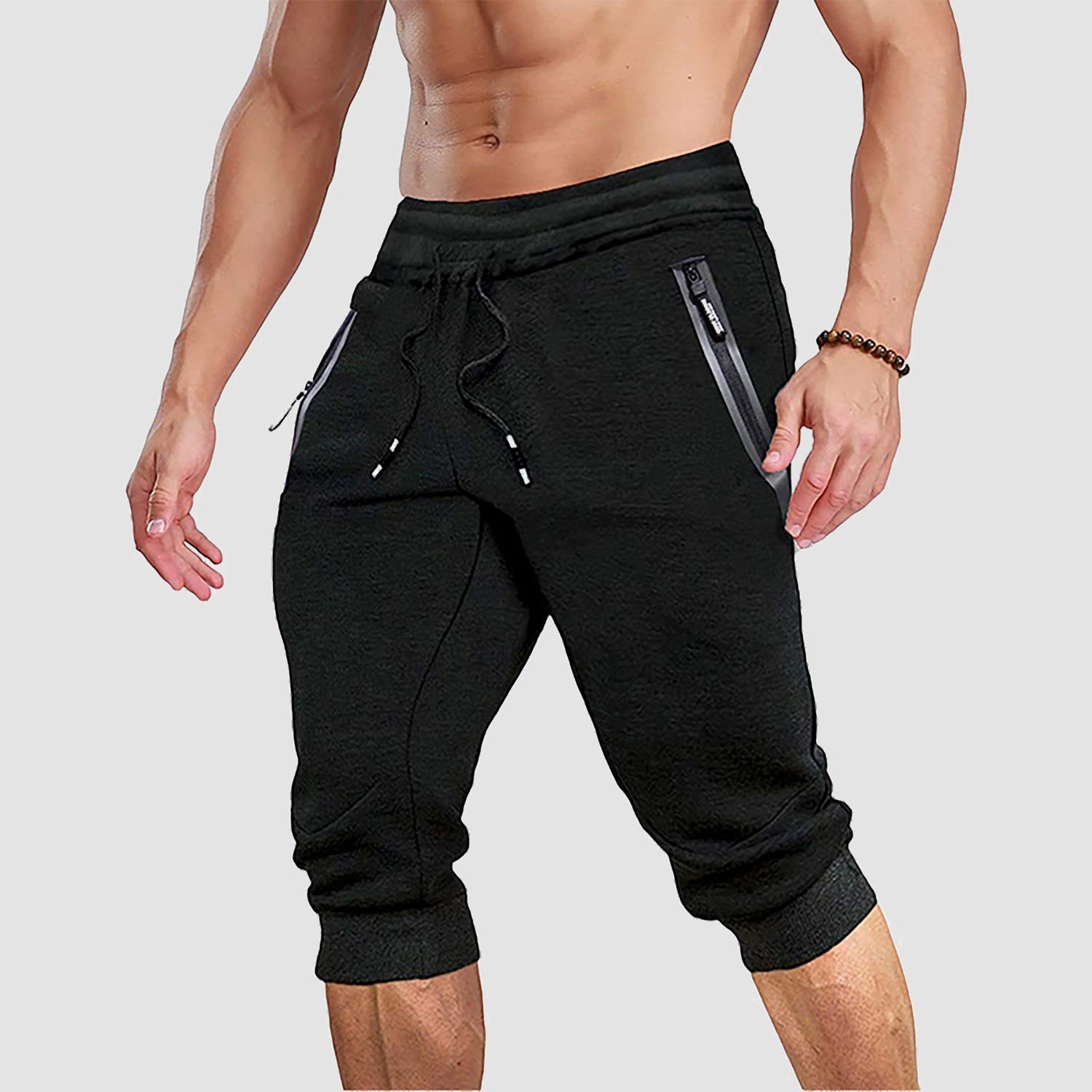 Men's 3/4 capri joggers gray cotton-blend with elastic waistband and deep side pockets