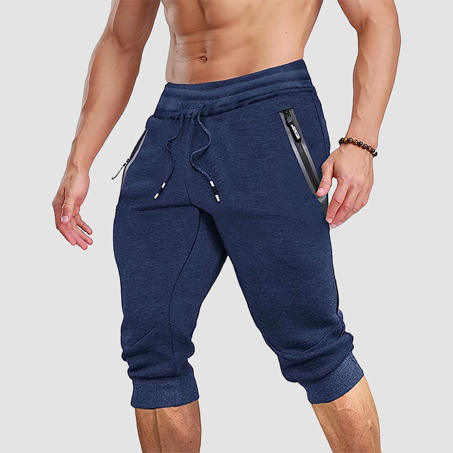 Men's 3/4 capri joggers with side pockets, breathable cotton-poly-spandex blend for active summer wear