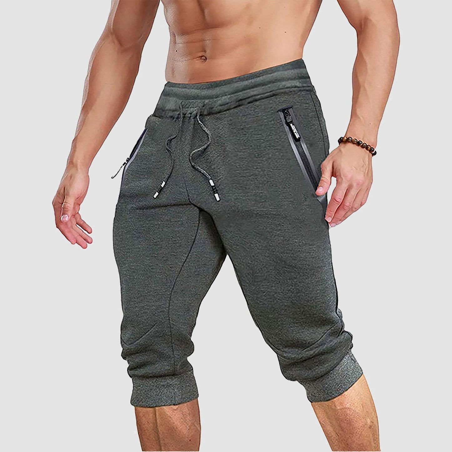 Men's charcoal 3/4 capri joggers with elastic waist, stretch cotton-poly blend and side pockets