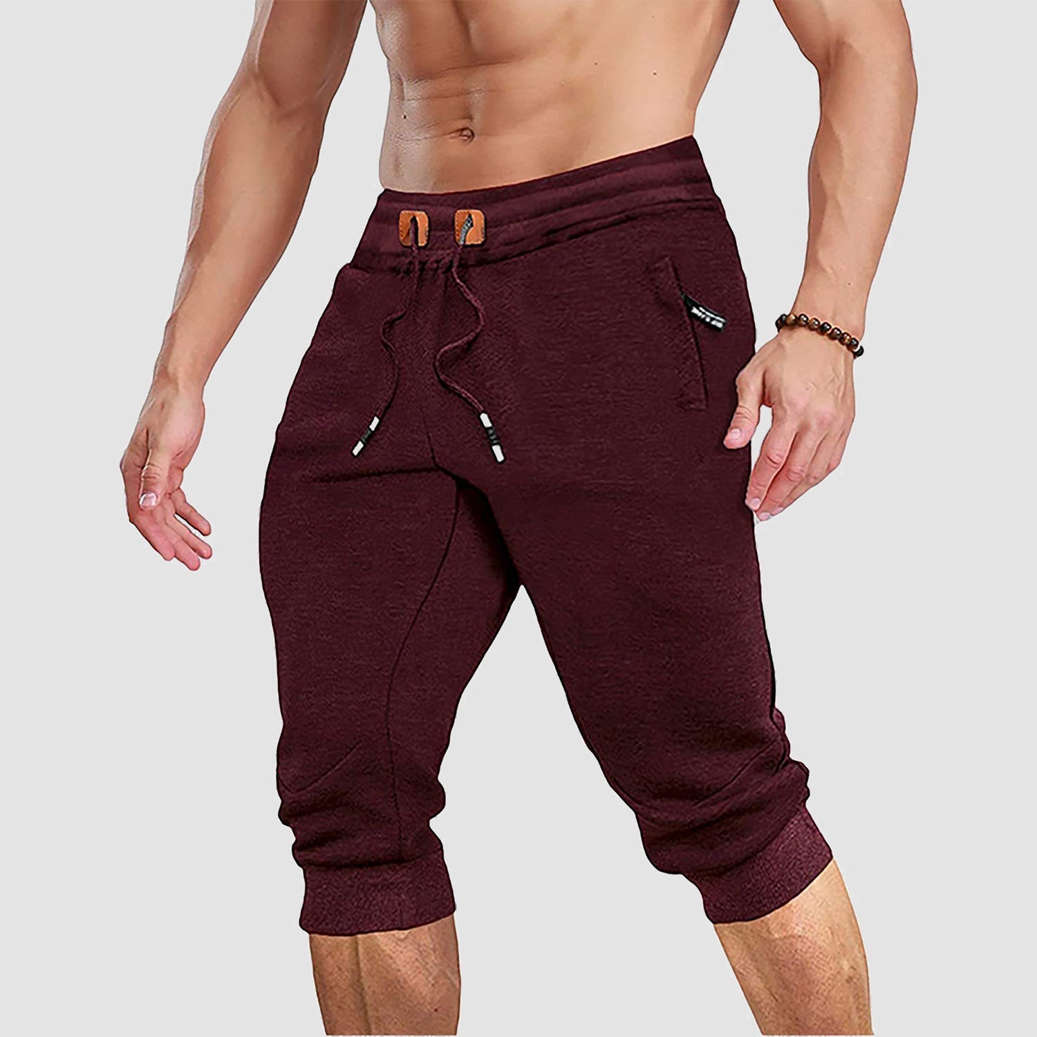 Men's 3/4 capri joggers breathable cotton-blend with elastic waist and side pockets for active summer wear