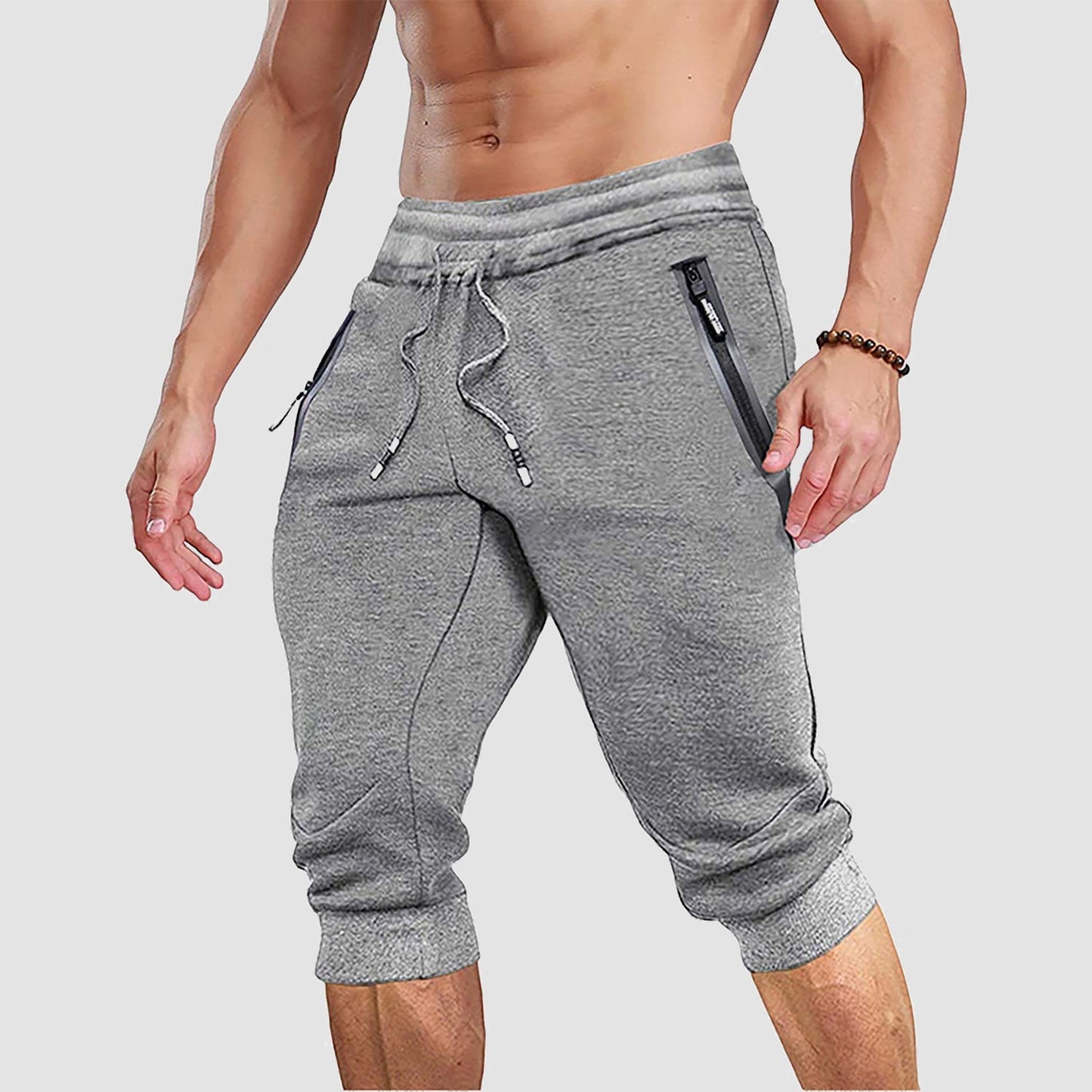 Men's 3/4 capri joggers breathable cotton-blend with side pockets, casual athletic fit summer shorts