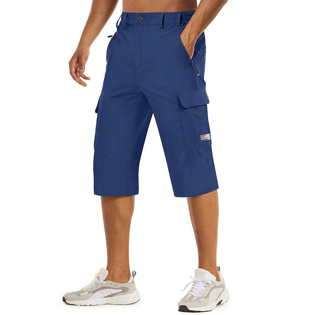 Men's olive cargo capri hiking shorts lightweight quick-dry nylon-spandex blend with multi-pocket design