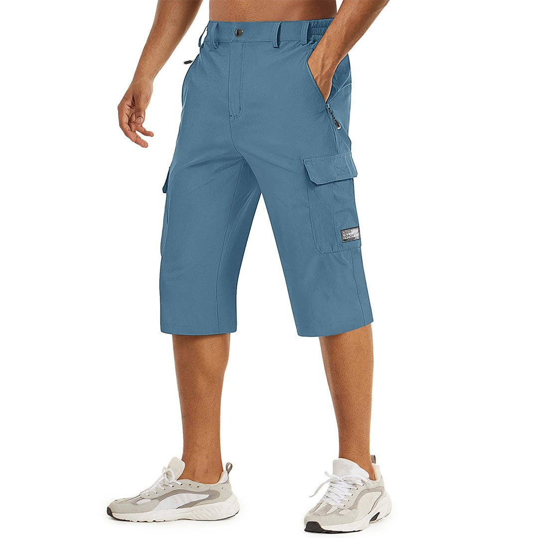 Men's khaki cargo capri hiking shorts lightweight quick-dry nylon-spandex blend with multi-pocket design