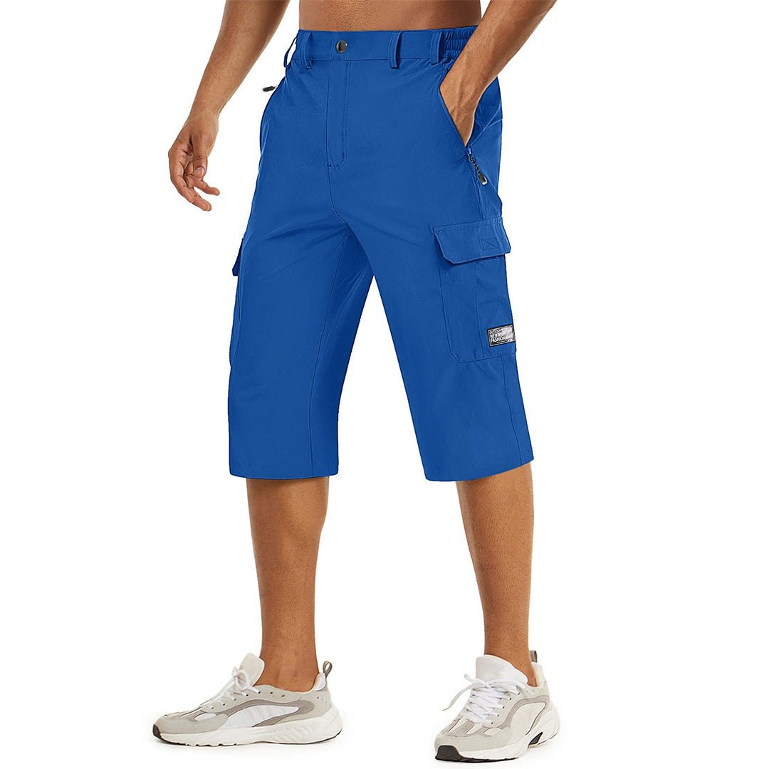 Men's khaki cargo capri hiking shorts, lightweight quick-dry nylon-spandex blend with multi-pocket design