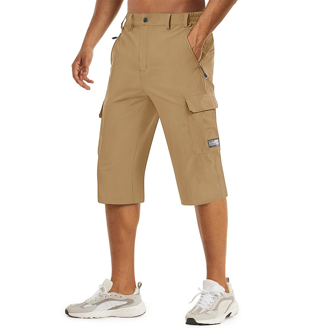 Men's olive cargo capri hiking shorts, lightweight quick-dry nylon-spandex blend with multi-pocket design
