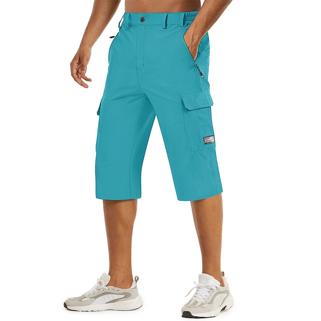 Men's olive cargo capri hiking shorts lightweight quick-dry nylon-spandex blend with multi-pocket design