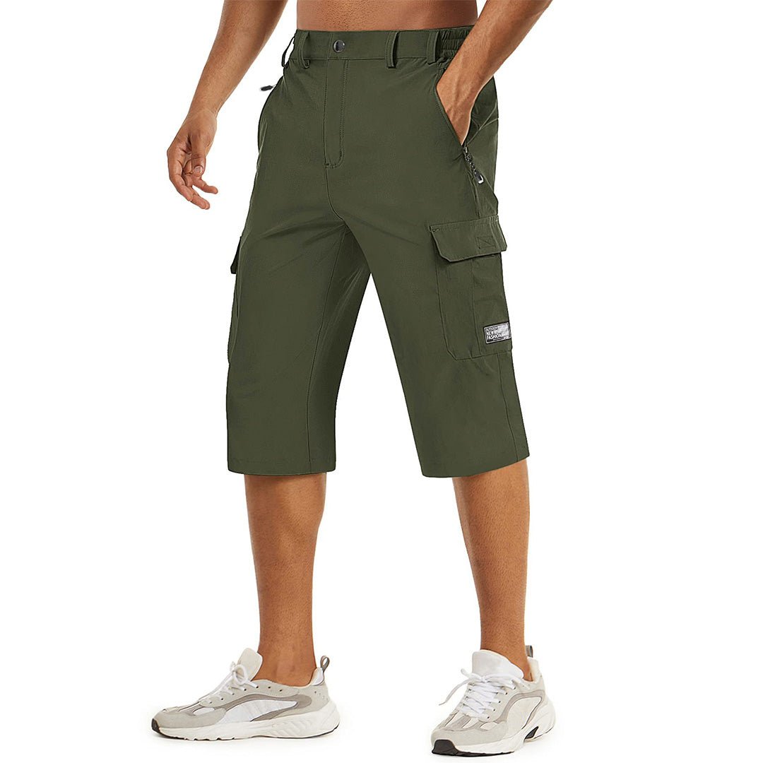 Men's khaki cargo capri hiking shorts, lightweight quick-dry nylon-spandex blend with multi-pocket design
