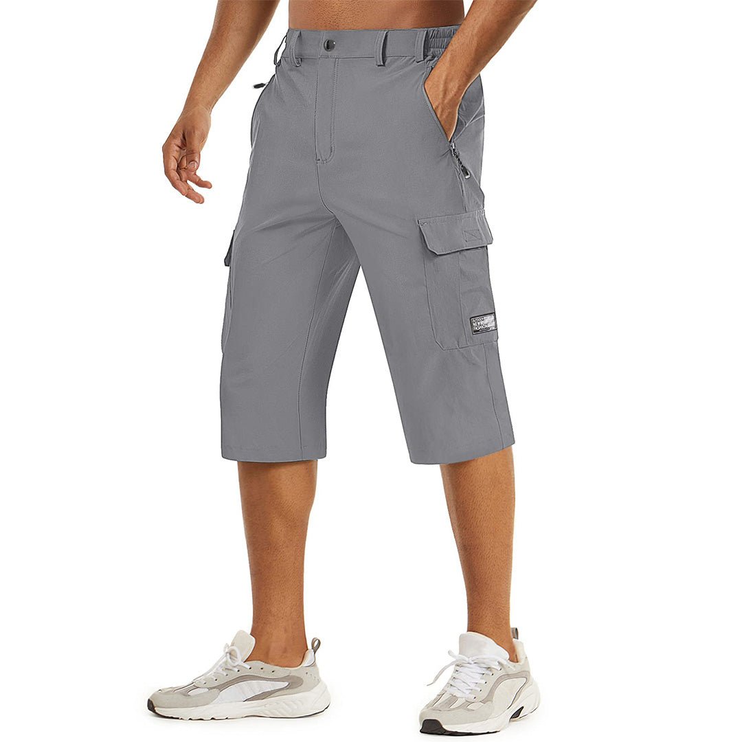 Men's khaki cargo capri hiking shorts lightweight quick-dry nylon-spandex blend with multiple pockets