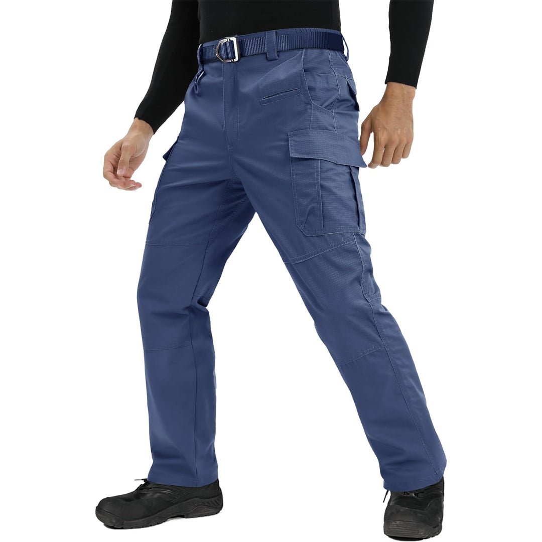 Men's olive ripstop tactical cargo pants with water-repellent finish and 9-pocket utility design