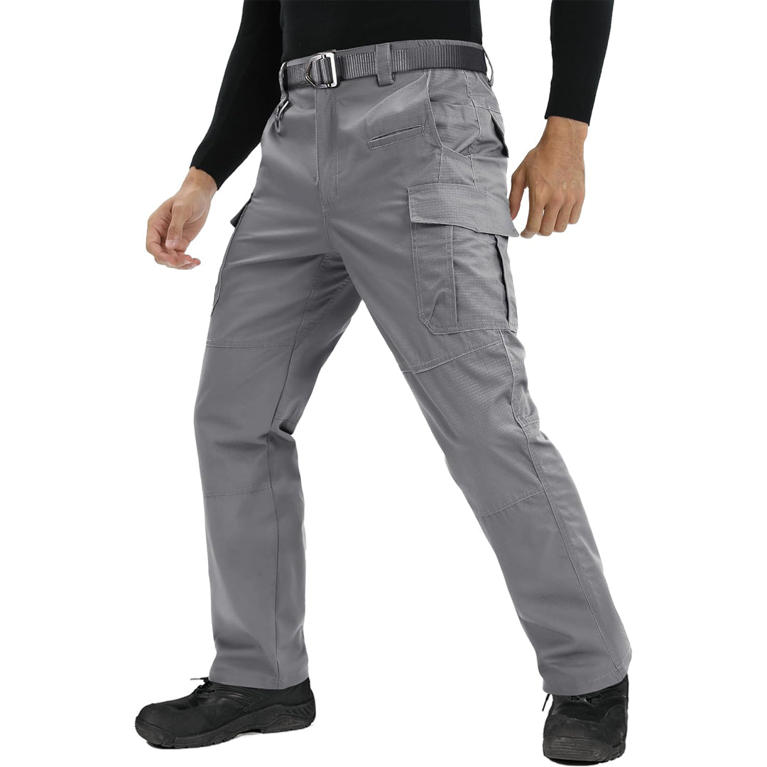 Men's olive ripstop tactical cargo pants with water-repellent finish and 9-pocket configuration