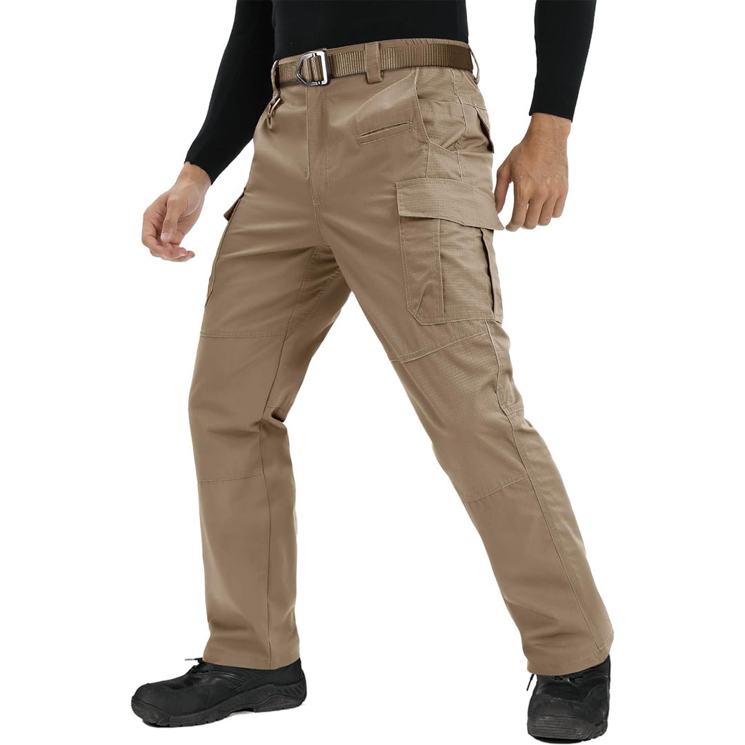Men's khaki ripstop tactical cargo pants with water-repellent finish and 9-pocket configuration