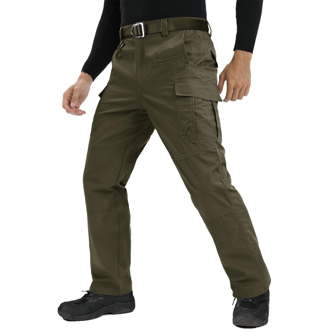 Men's olive ripstop tactical cargo pants with water-repellent finish and 9-pocket utility design