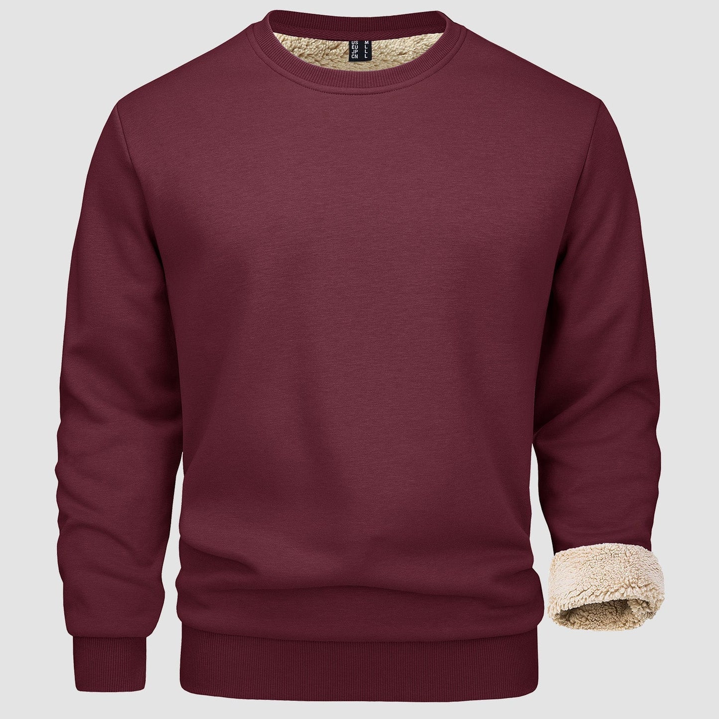 Men's fleece-lined crewneck sweatshirt cotton-spandex blend ribbed cuffs casual outdoor pullover