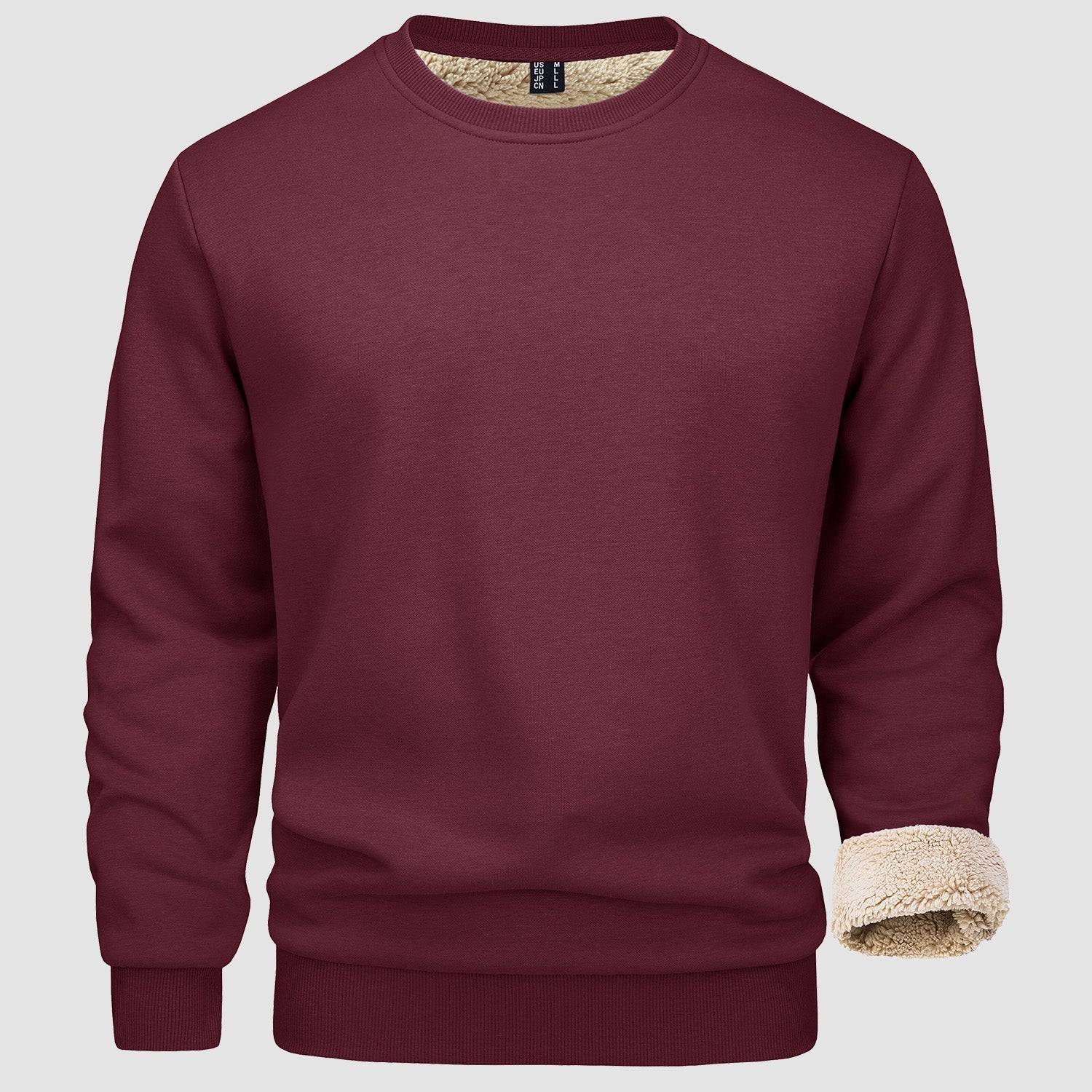 Men's fleece-lined crewneck sweatshirt cotton-spandex blend ribbed cuffs casual outdoor pullover