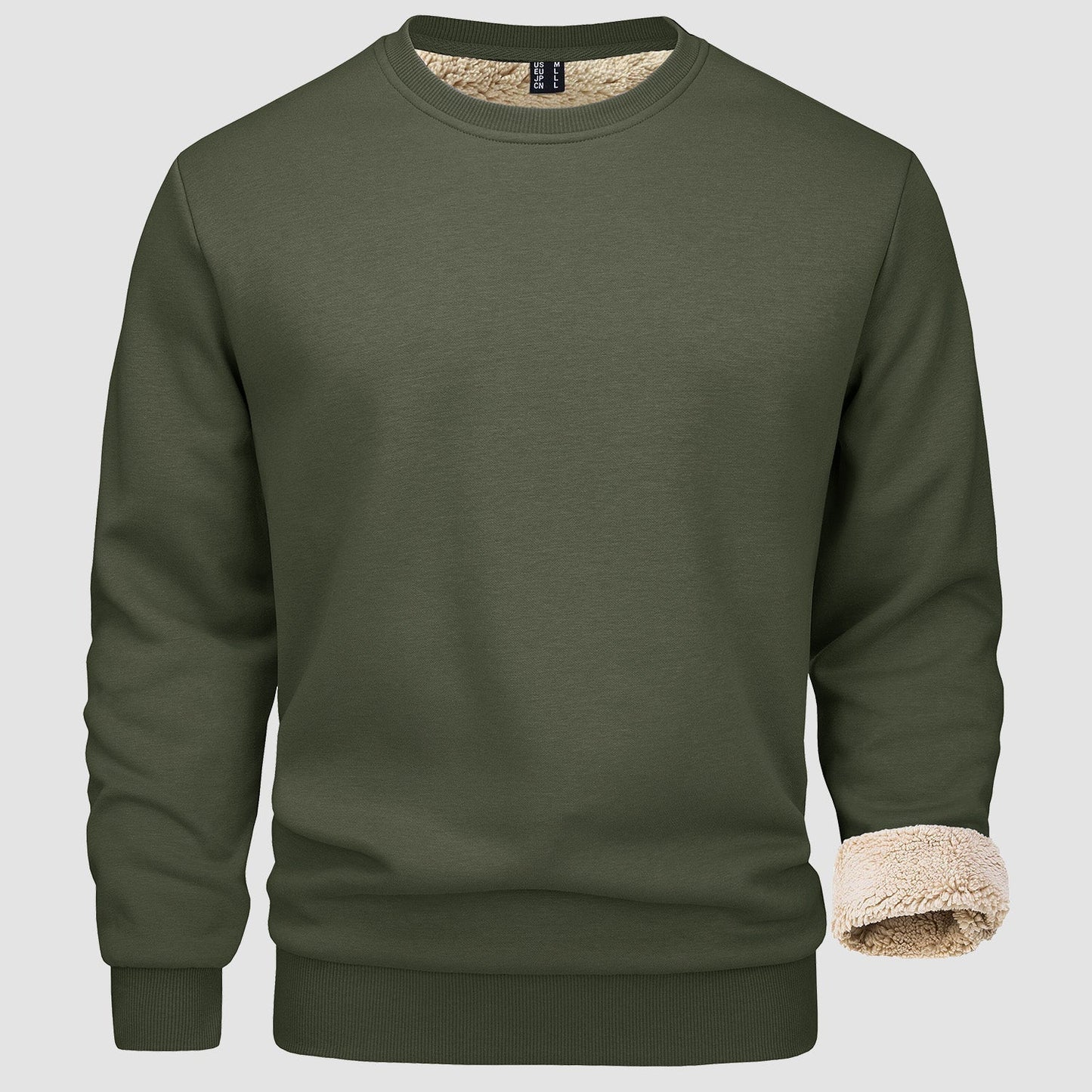 Men's fleece-lined crewneck sweatshirt in classic colors, cotton-spandex blend with ribbed collar
