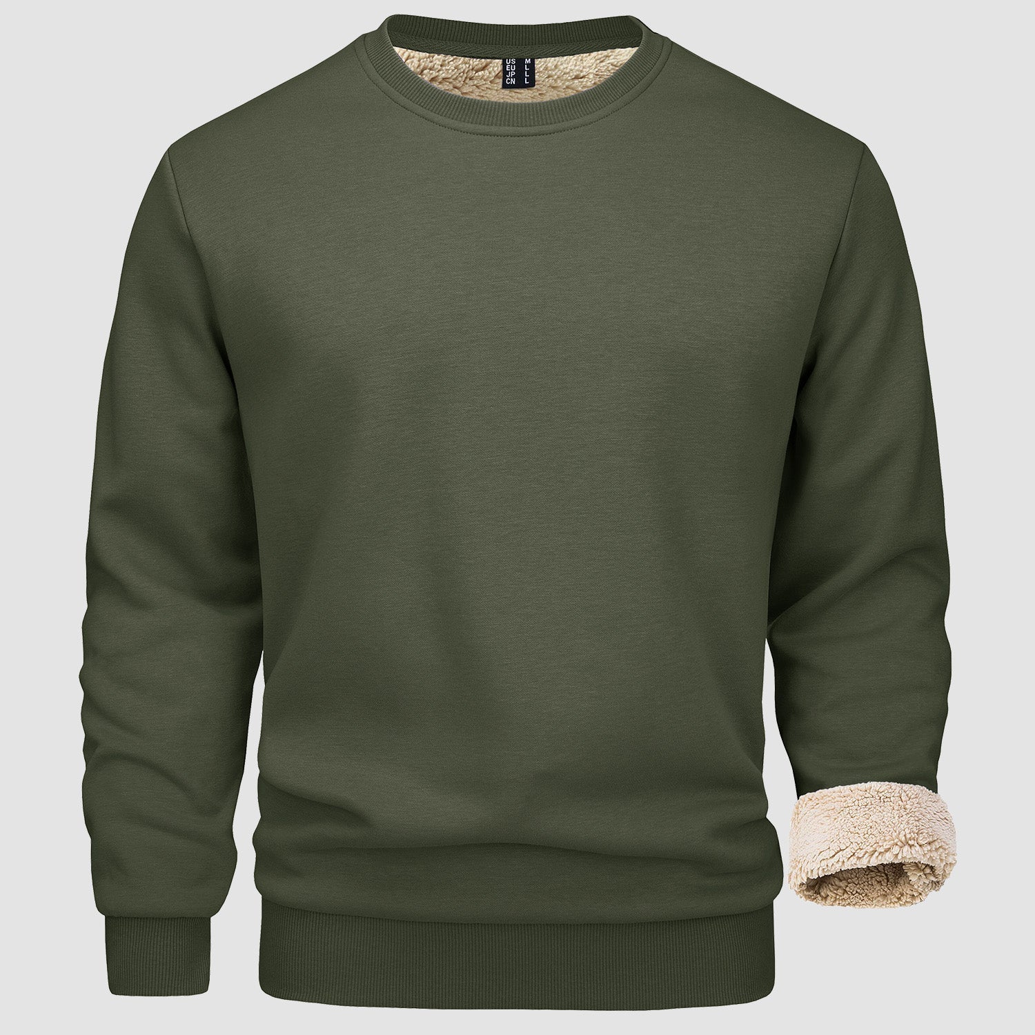 Men's fleece-lined crewneck sweatshirt in classic colors, cotton-spandex blend with ribbed collar