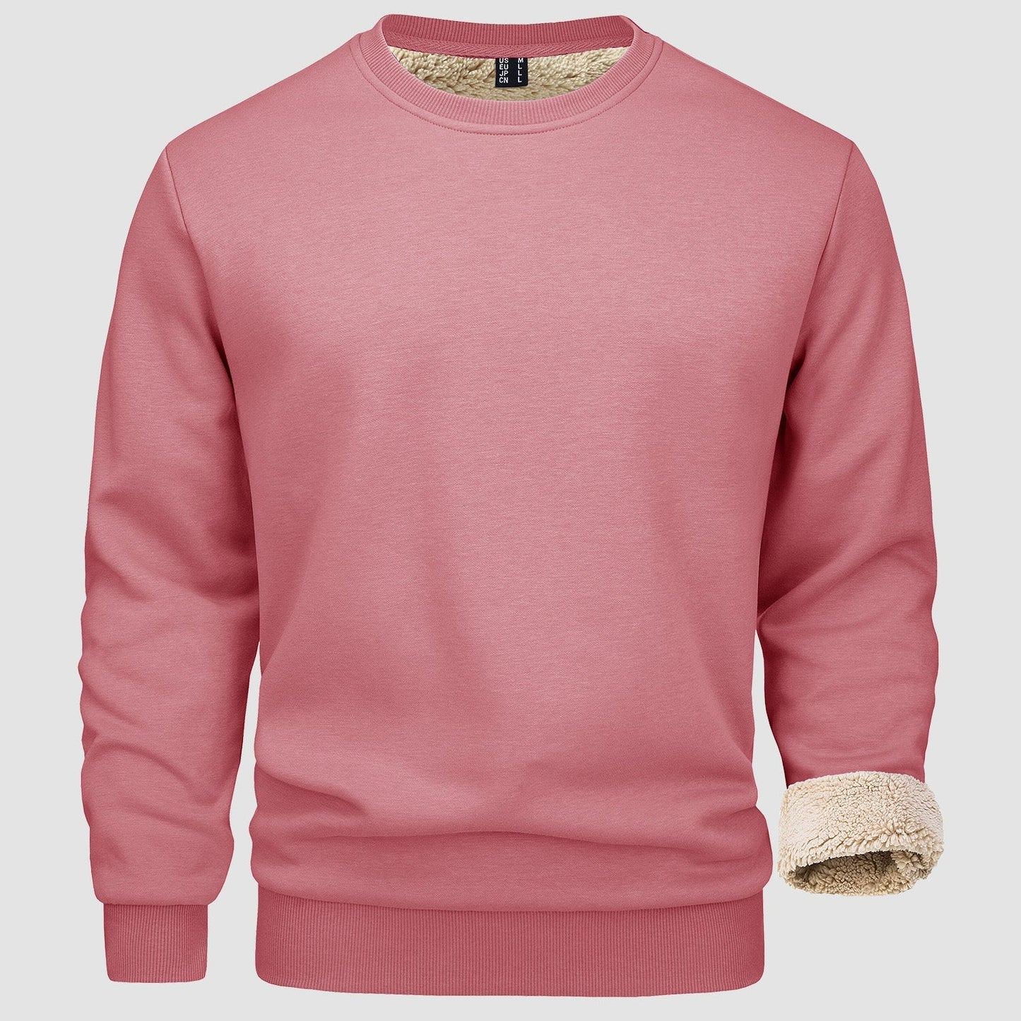 Men's fleece-lined crewneck sweatshirt in neutral tone, cotton-spandex blend with ribbed cuffs