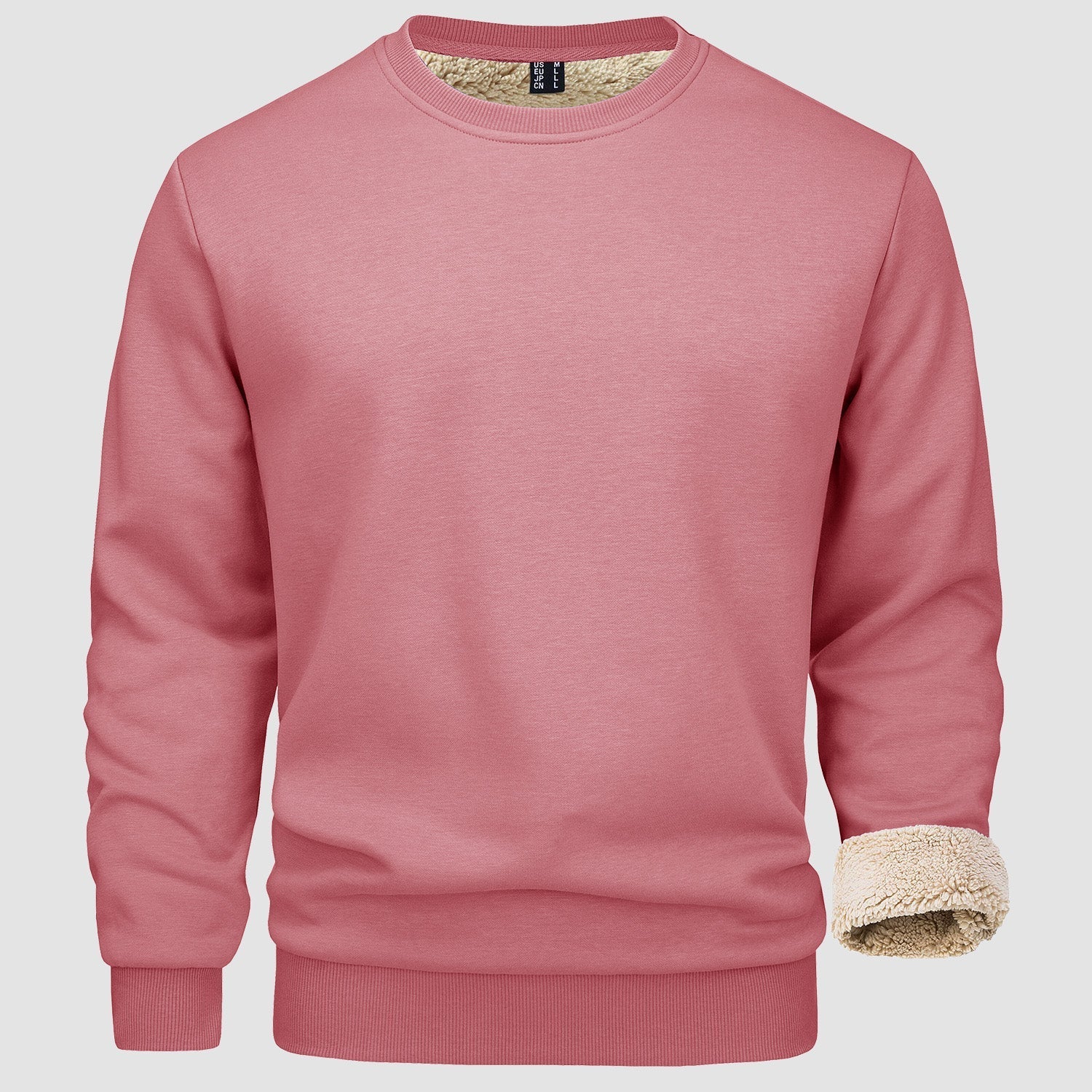 Men's fleece-lined crewneck sweatshirt in neutral tone, cotton-spandex blend with ribbed cuffs