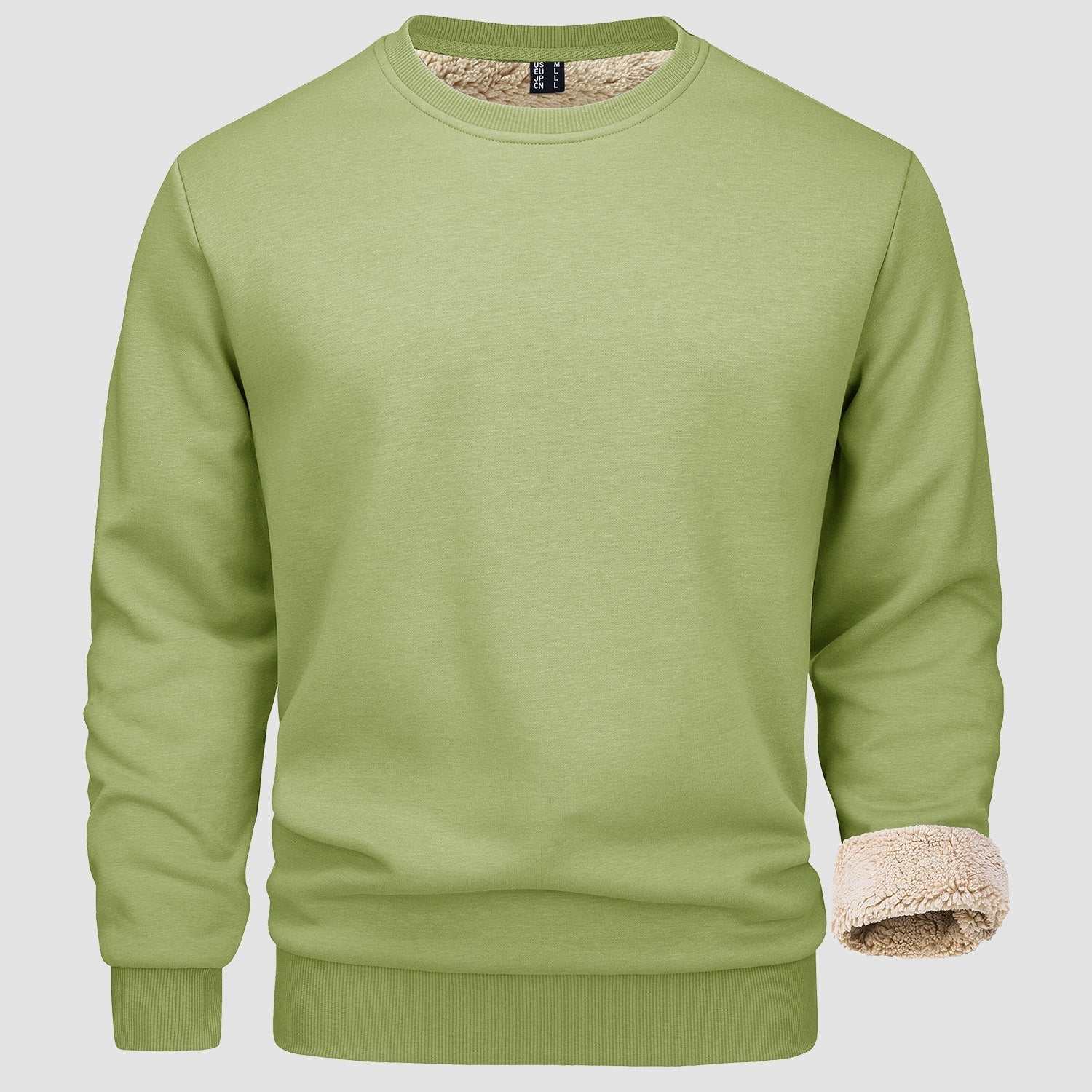 Men's fleece-lined crewneck sweatshirt in neutral tone, cotton-spandex blend with ribbed cuffs