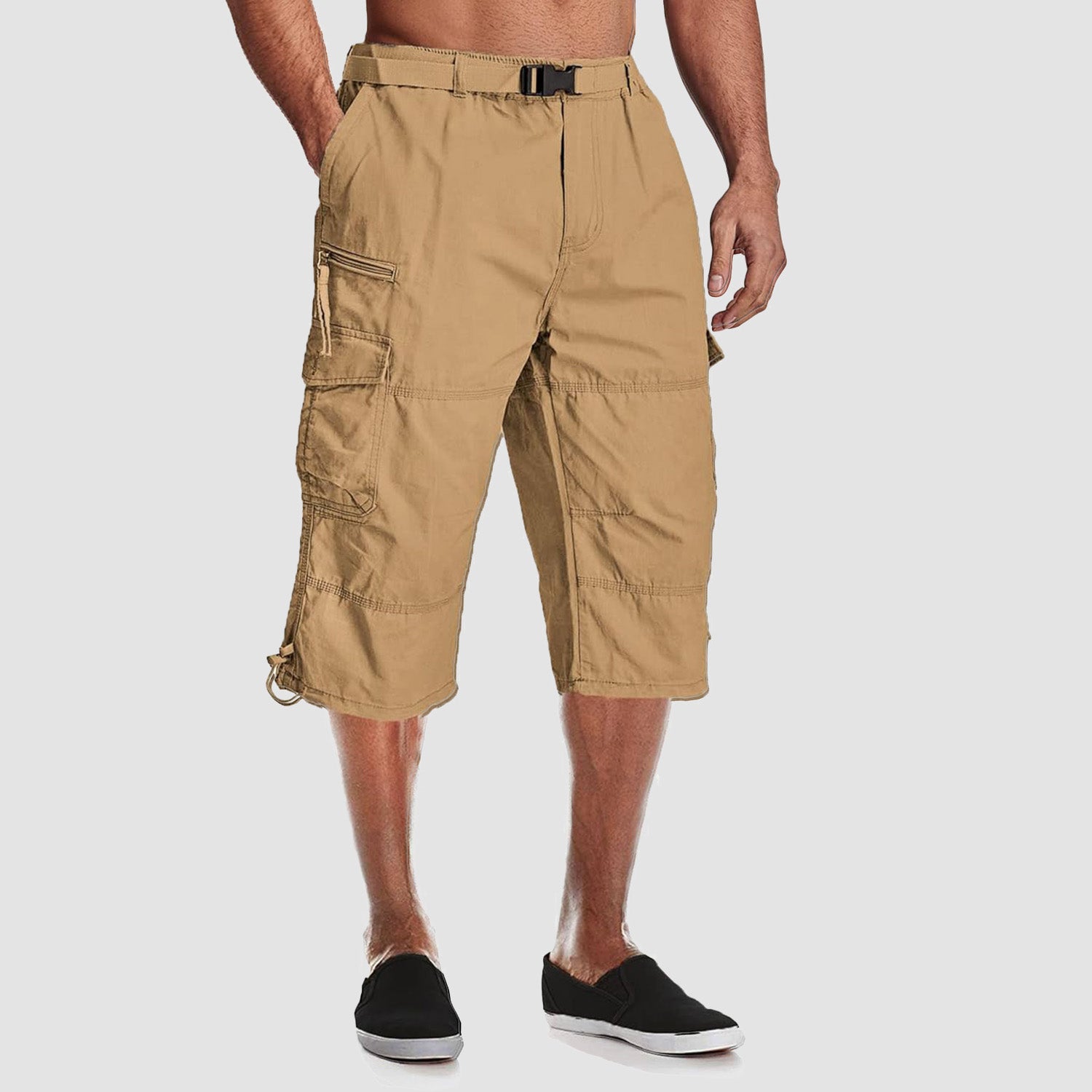 Men's below-knee cotton cargo shorts capri style with 7 pockets durable relaxed workwear