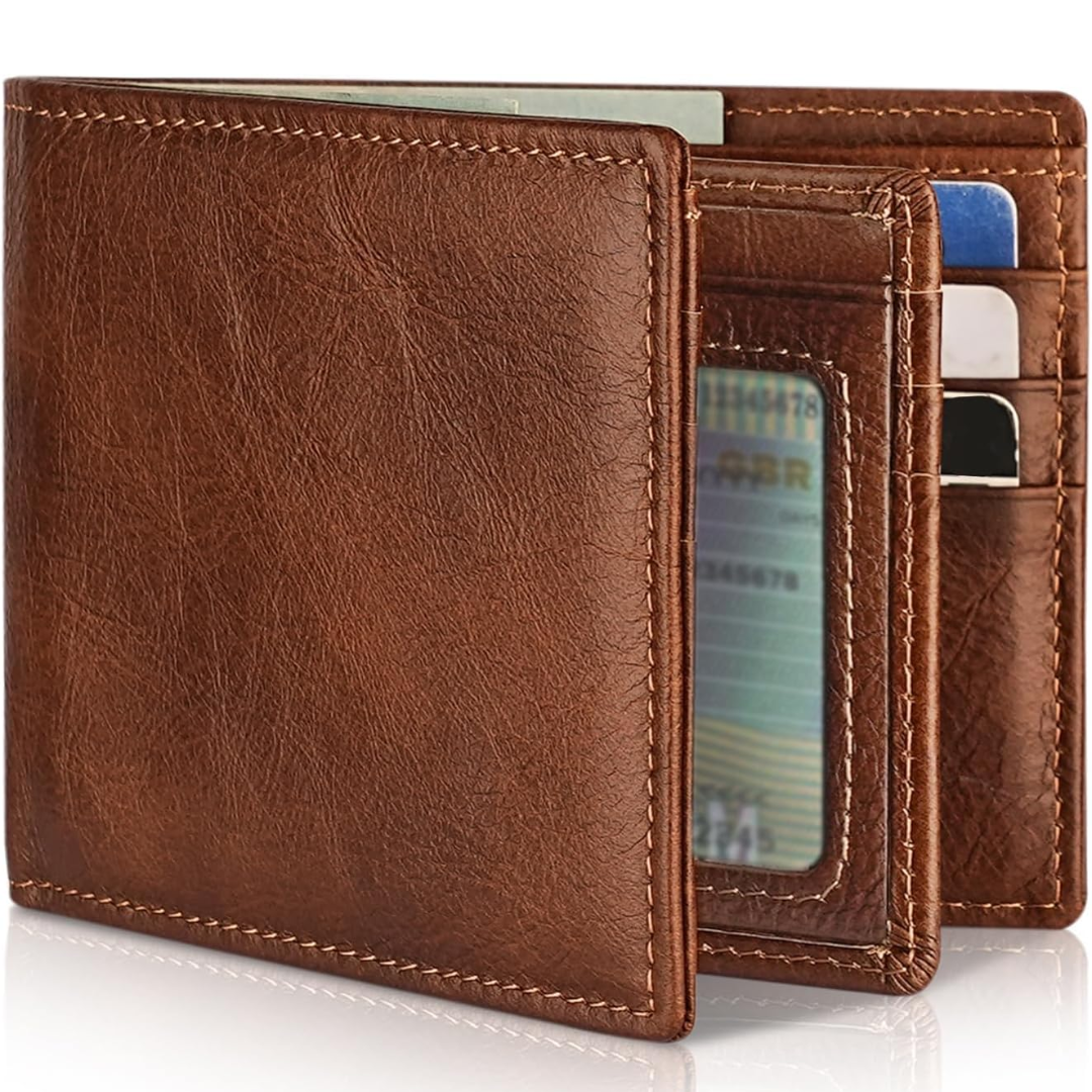 Sebastian men's brown faux leather bifold wallet with stitched edges, ID window, and multiple card slots