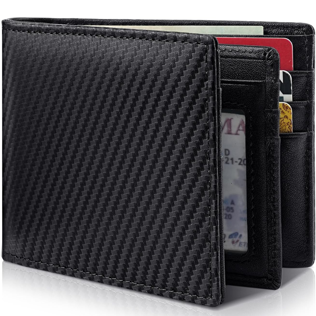 Sebastian men's black faux leather bifold wallet with stitched edges, ID window, and multiple card slots
