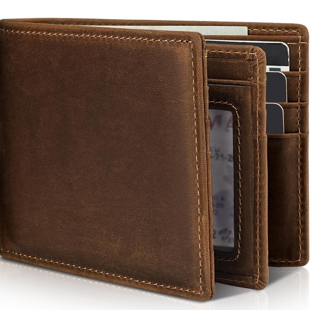 Sebastian men's black faux leather bifold wallet with stitched edges, ID window, and multiple card slots