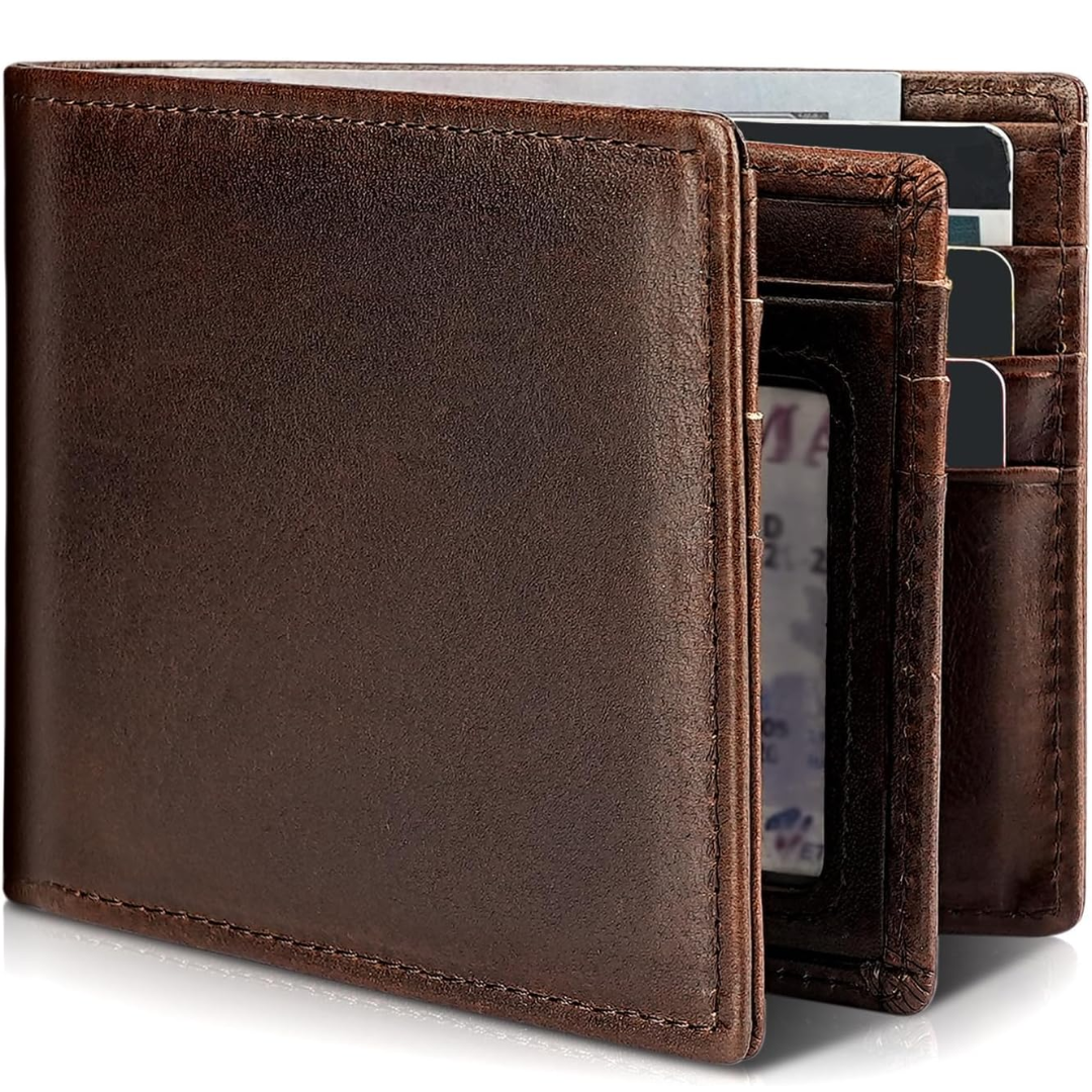 Sebastian men's black faux leather bifold wallet with stitched edges, ID window, and multiple card slots