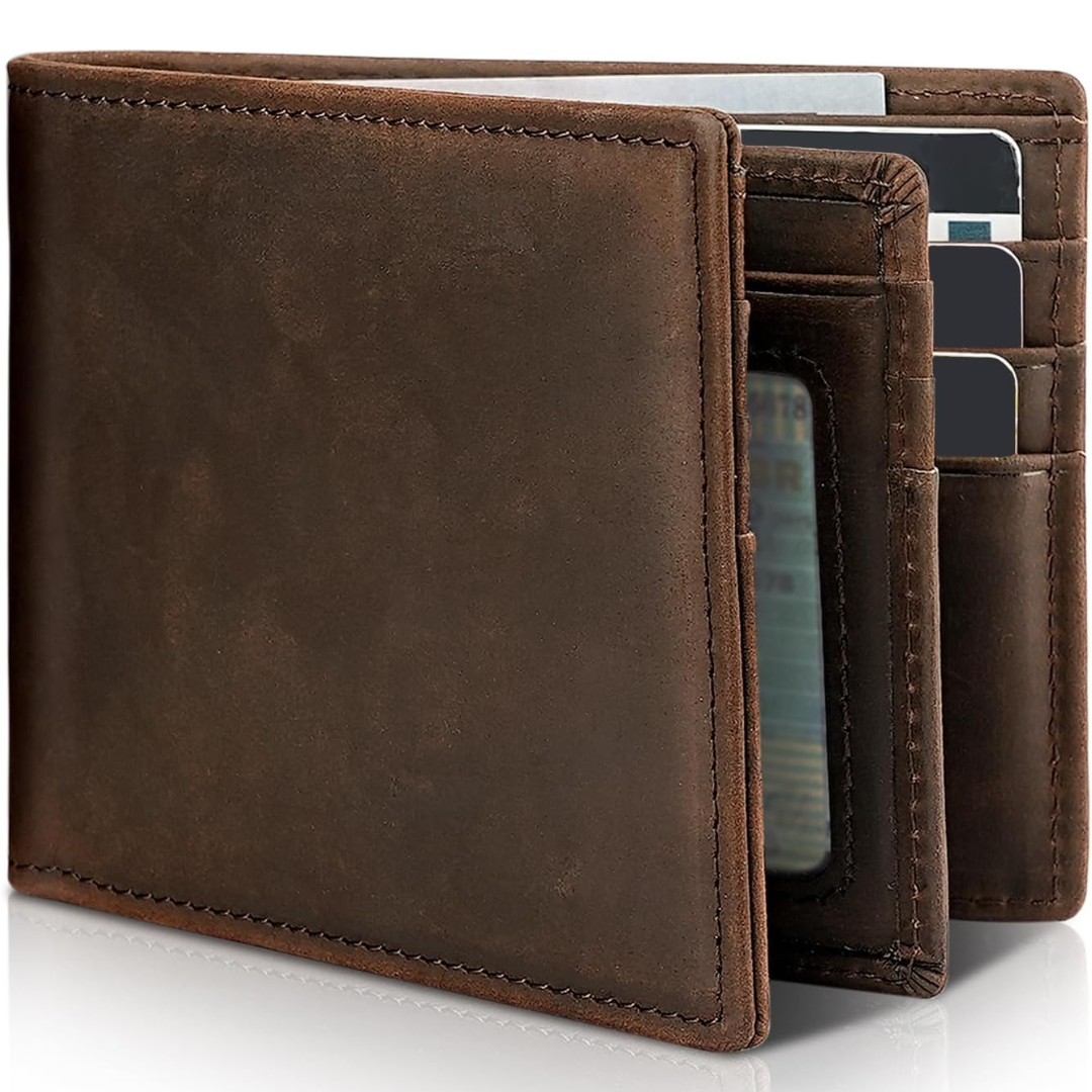 Sebastian men's black faux leather bifold wallet with stitched edges, ID window, and multiple card slots