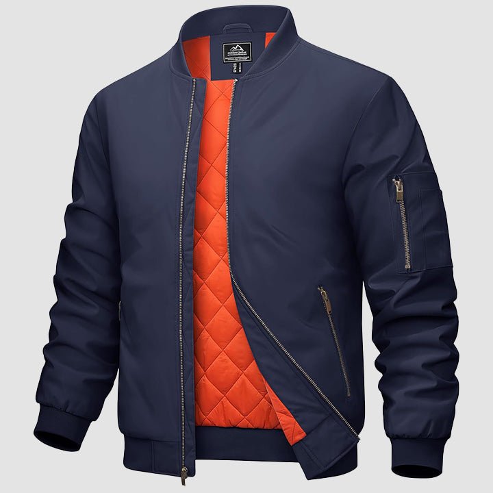 Men's zip-up bomber windbreaker jacket with quilted orange interior lining and multi-pocket design