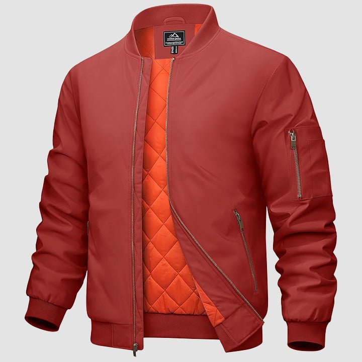 Men's black bomber jacket zip-up windbreaker with quilted orange interior lining and multi-pocket design