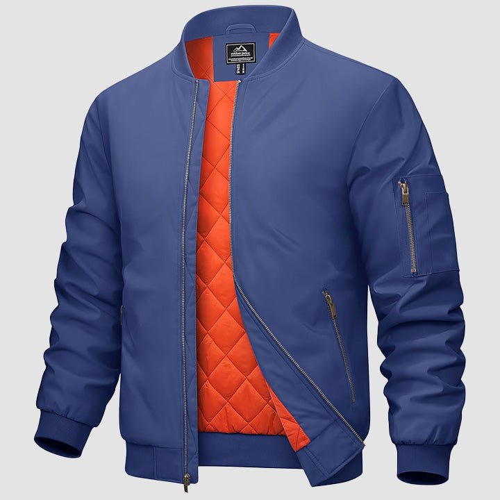 Men's black bomber jacket zip-up windbreaker with quilted orange interior lining and multi-pockets