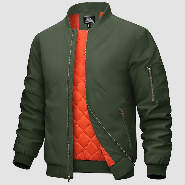 Men's black zip-up bomber windbreaker jacket with quilted orange interior lining and multi-pocket design