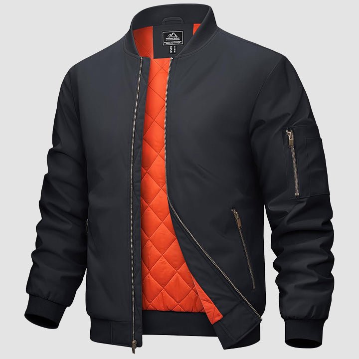 Men's black bomber jacket zip-up windbreaker with quilted orange interior lining and multi-pockets
