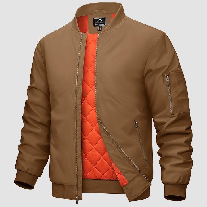 Men's zip-up bomber windbreaker jacket with quilted orange interior lining and multi-pocket design