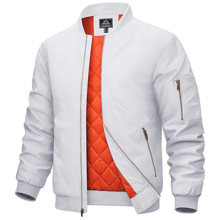 Men's zip-up bomber windbreaker jacket with quilted orange interior lining and multi-pocket design