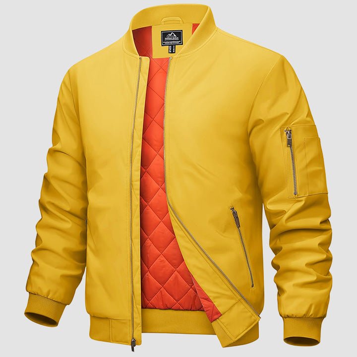 Men's zip-up bomber windbreaker jacket with quilted orange interior lining and multi-pocket design