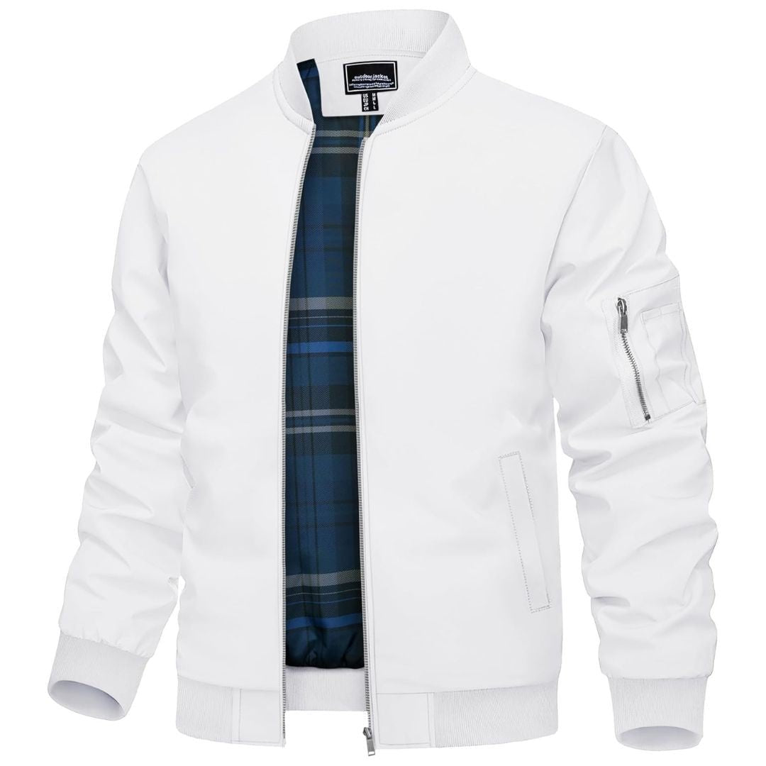 Men's lightweight bomber windbreaker jacket with plaid lining, full zip, casual travel style