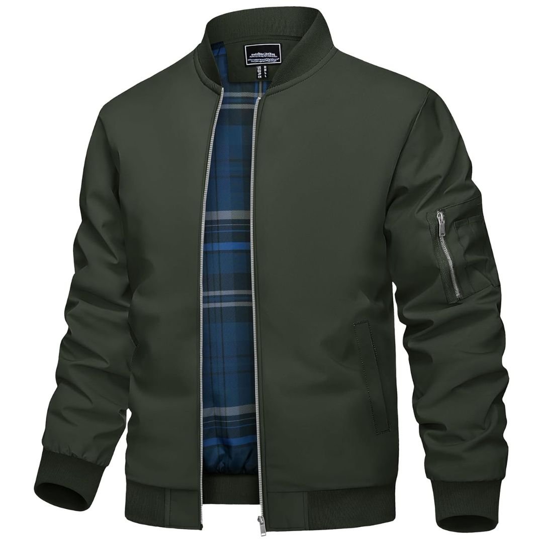 Men's lightweight bomber windbreaker jacket with plaid lining, full zip, casual slim fit