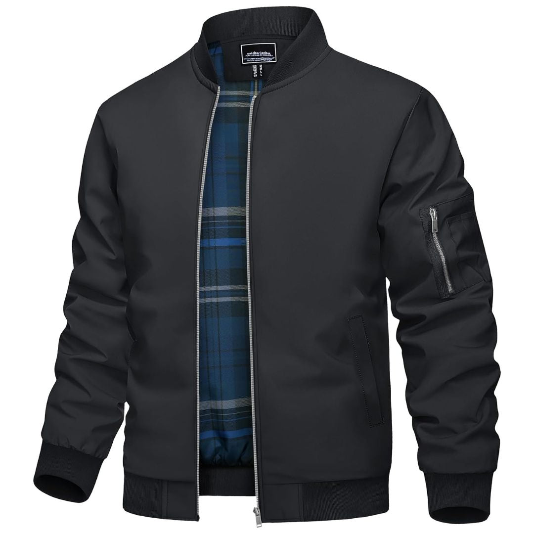 Men's lightweight bomber windbreaker jacket with plaid lining, full zip, casual travel style