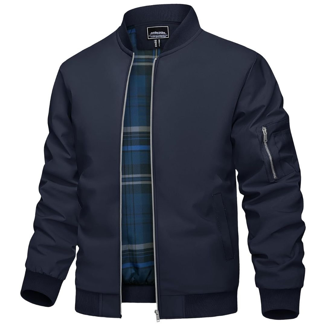 Men's lightweight bomber windbreaker jacket with plaid lining, full zip, casual travel style